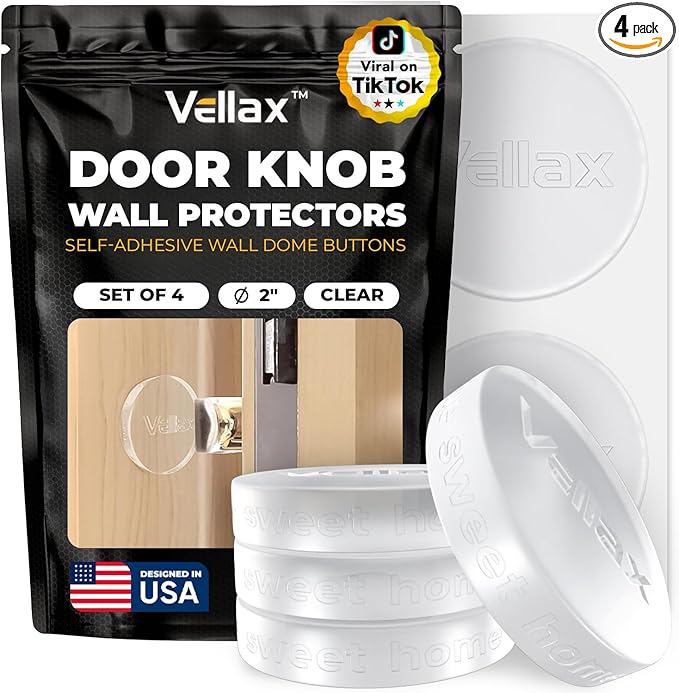 Large 2" Door Knob Wall Protectors – 4 Clear Self-Adhesive Silicone Bumper Pads in Flat Dome Button Shape – Noise Dampening Wall & Furniture Guards by VELLAX