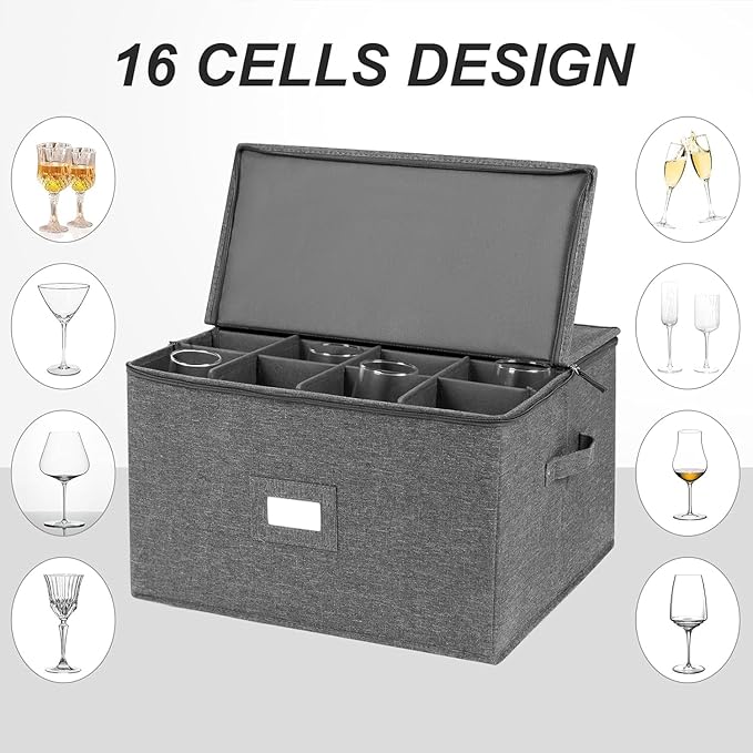 popoly Stemware Storage Cases 2 Pack, Wine Glass Storage Box Containers with Dividers for Glassware or Crystal, Holds 32 Red or White Wine Glasses, Hard Top and Stackable (Grey)