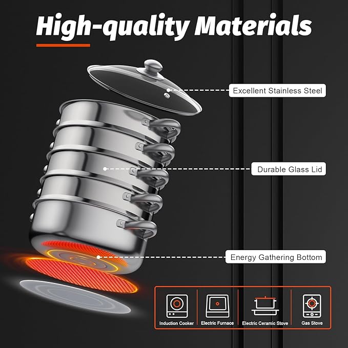 5-Tier Stainless Steel Steamer, 30cm Stainless Steel Multipurpose Steaming Pot Cookware, Multi-Functions Domestic Commercial Large Steamer for Induction Cookers, Electric Ceramic Stoves