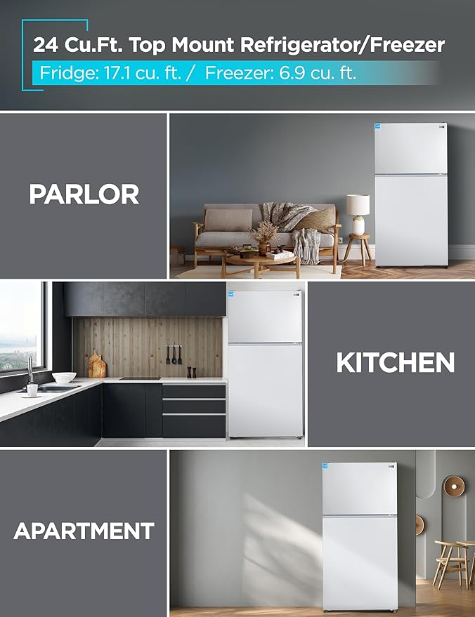 BLACK+DECKER 24 Cu. Ft. Top Mount Refrigerator with Ice Maker, 2-Door Refrigerator with Top Freezer, Freezer with Icemaker and Adjustable Temperature Control, ENERGY STAR, BR2400JIMW, White