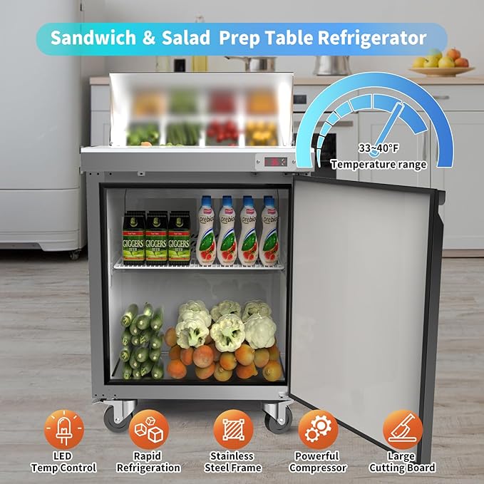 29" W Sandwich Salad Prep Table Refrigerator Commercial Refrigerator with 8 Pans Stainless Steel Fan Cooling Kitchen Equipment