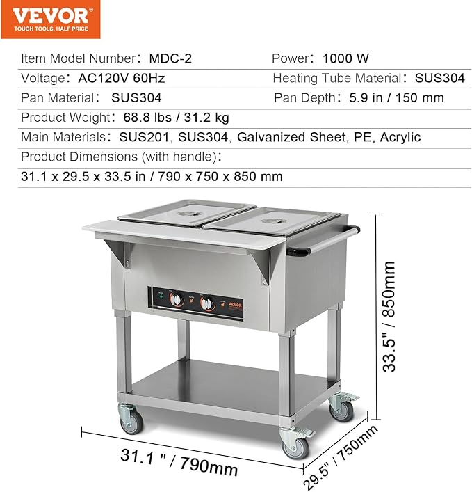 VEVOR 2-Pan Commercial Food Warmer, 2 x 20.6QT Electric Steam Table, 1000W Professional Buffet Catering Food Warmer with 4 Wheels (2 Lockable), Food Grade Stainless Steel Server for Party Restaurant