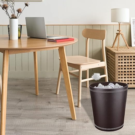 GORESE Pu Leather Trash Can for Bedroom, 2.6 Gallon Wastebasket for Office, Small Bathroom Garbage Cans for Home Decorative, Round Waste Basket Bin for Dorm Kitchen Brown