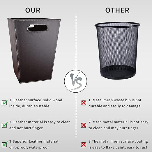 GORESE Leather Trash Can Bathroom Wastebasket, 16L/4.2 Gallon Office Garbage Can with Handles for Near Desk, Square Bedroom Waste Basket Bin for Home Dorm Decorative Brown