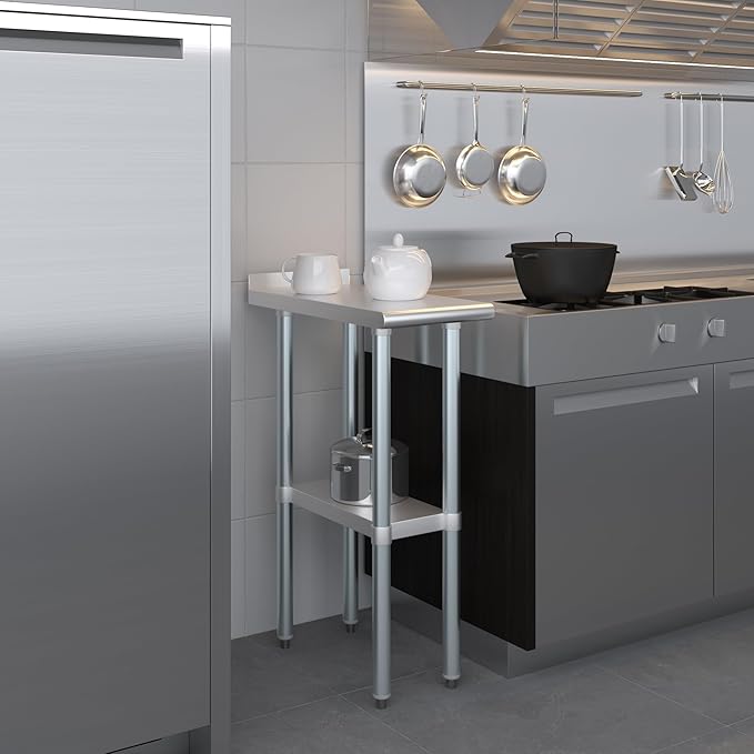 AmGood Stainless Steel Work Table with 1.5" Backsplash | Metal Kitchen Food Prep Table | NSF (12" Long x 24" Deep)