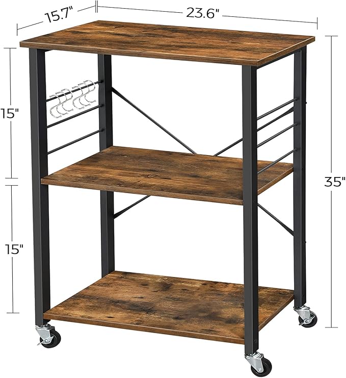 VASAGLE Kitchen Shelf on Wheels, 23.6 Inches Serving Cart with 3 Shelves, Kitchen Cart, Microwave Shelf, for Mini Oven, Toaster, with 6 Hooks, Industrial Style, Rustic Brown and Ink Black UKKS60XV1