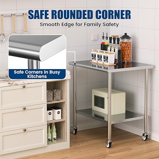 Stainless Steel Work Table with Wheels, 30x36 Inch NSF Kitchen Prep Table with Adjustable Undershelf for Commercial Restaurant, Garage, Outdoor BBQ