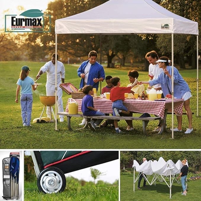 Eurmax USA Standard 8'x8' Patio Pop Up Canopy Tent Commercial Instant Canopies with Heavy Duty Roller Bag,Bonus 4 Sand Weights Bags (Beige)