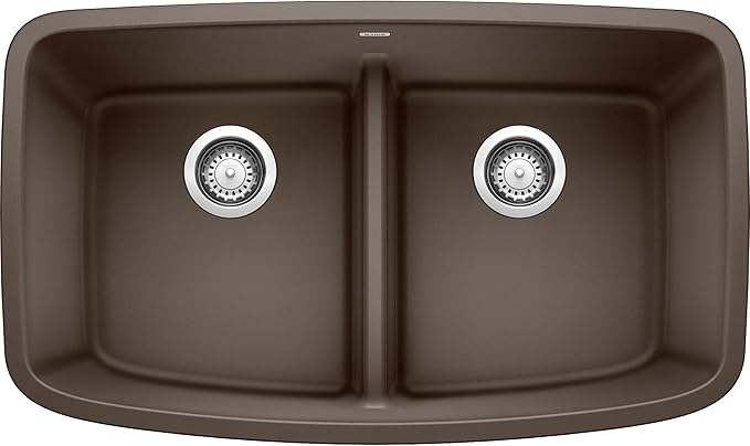 BLANCO, Café Brown 442203 VALEA SILGRANIT 50/50 Double Bowl Undermount Kitchen Sink with Low Divide, 32" X 19"