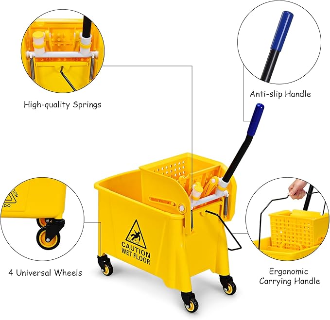 ARLIME Mop and Bucket Set with Wringer On Wheels, 21 Quart Capacity Portable Wringer Trolley on Wheels, Side Press Floor Cleaning Wavebrake w/Handle, Mop Bucket for Home, Commercial, Restaurants