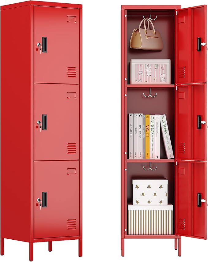 METAN Metal Storage Employees Lockers with 3 Lockable Doors and Hooks,66''H*16''W*16''D Locking Storage Cabinets for Small Spaces,Home,School,Gym,Assembly Required,Red