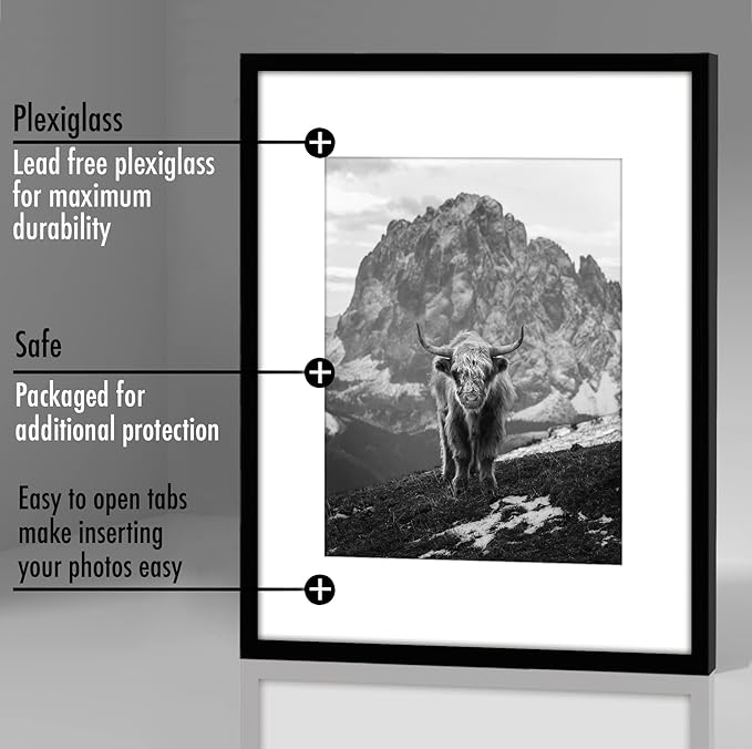 Americanflat 16x20 Picture Frame with Polished Plexiglass - Set of 5 - Use as 11x14 Frame with Mat or Display 16x20 Photo Without Mat - Galleria Collection - Picture Frames for Wall Display - Black