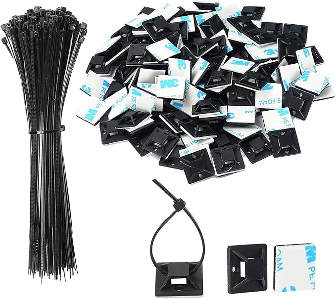 Zip Tie Mounts - SeuYeugX 100PCS Cable Self Adhesive Mounts Set for Wire Management with Stick Pads Anchors Clips Squares Holders (Black)