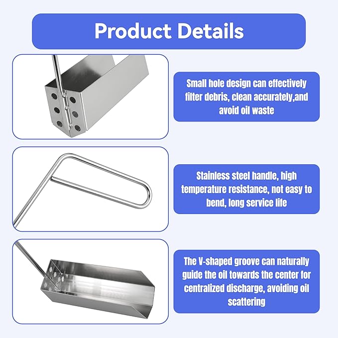 Deep Fryer Strainer Crumb Scoop 750°F Heat-Resistant V-Shaped Fryer Cleaner Food Crumb Cleaning Tool for Commercial Fryers Long Handle with Drain Holes for Oil Filtration,1 PCS
