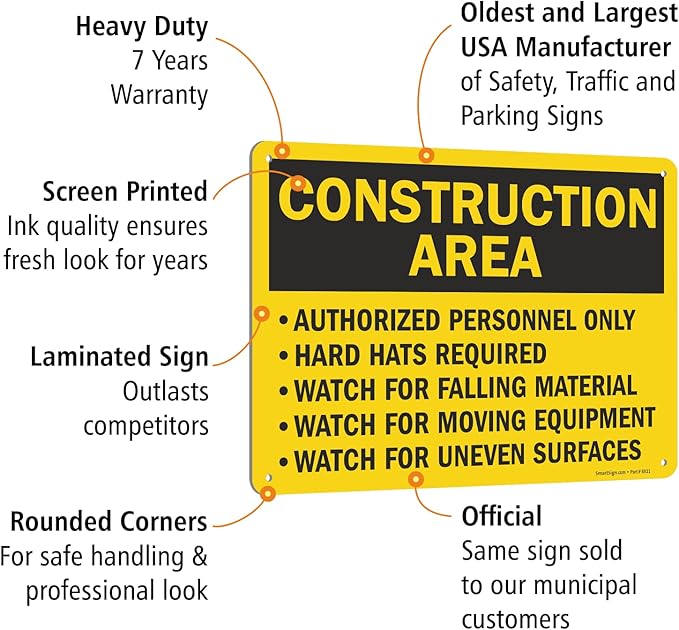 SmartSign "Construction Area - Authorized Personnel Only, Hard Hats Required" Sign | 10" x 14" Aluminum