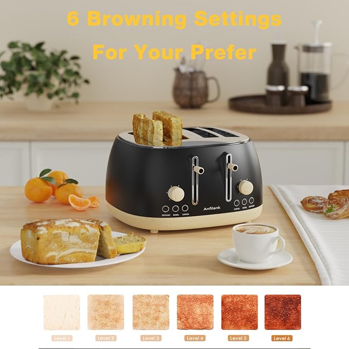 Toaster 4 Slice,Retro Stainless Steel Toaster with Extra Wide Slots, Dual Independent Control Panel, Cancel, Bagel, Defrost Function, Removable Crumb Tray, Matt Black
