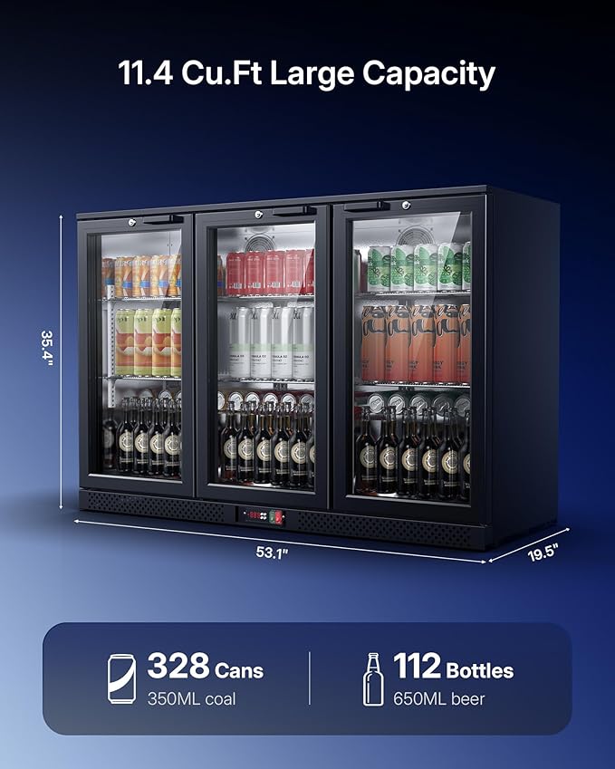 Upstreman 11.4 Cu.Ft Back Bar Cooler With 3 Glass Doors, Commercial Under Counter Beverage Refrigerator, Double-Pane Low-E Glass, Lockable Drink Fridge for Bars, Restaurants, Hotels & Cafes, BB114