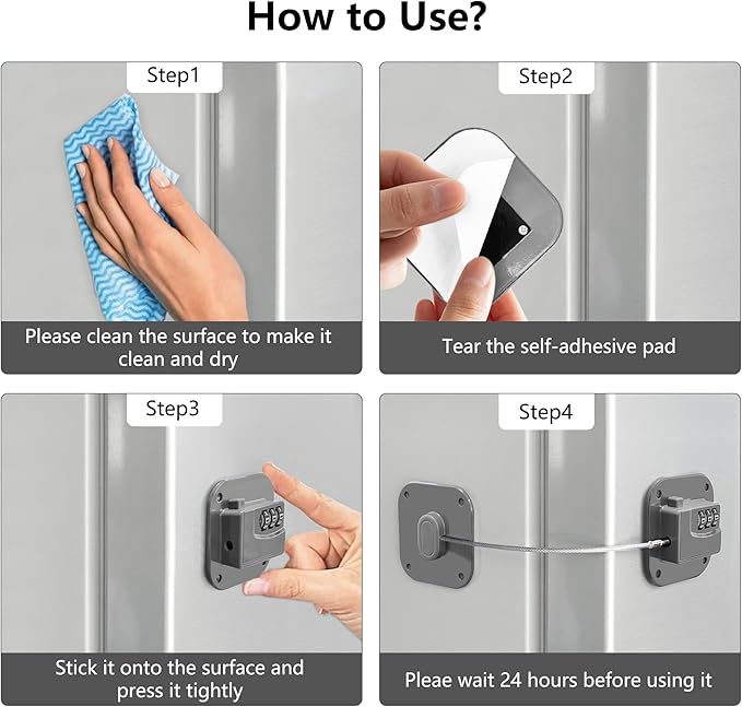 Refrigerator Lock, Heavy Duty Fridge Lock, Combination Lock for Refrigerator Cabinets, Drawers, Safety, Easy Install No Keys Needed (Grey-1Pack)