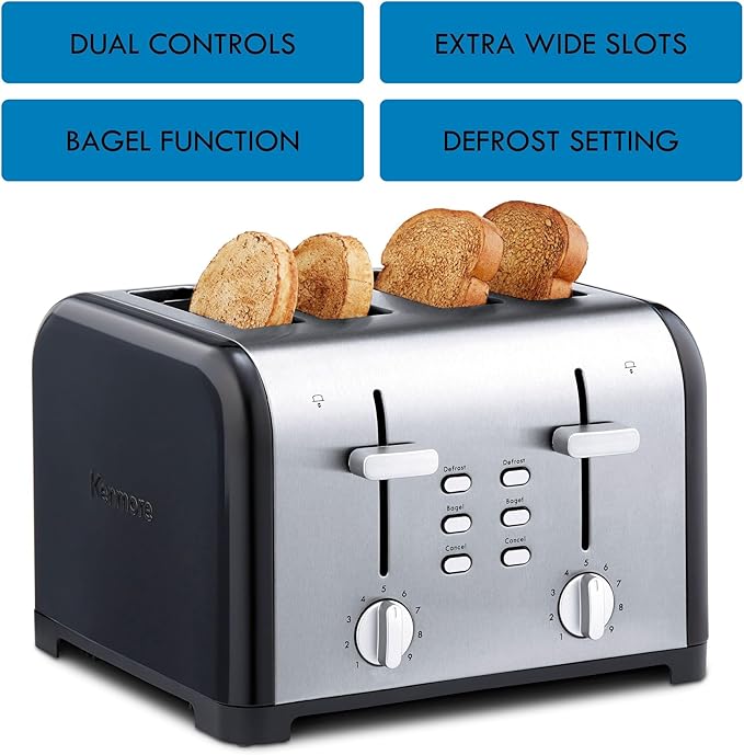 Kenmore Toaster 4 Slice - Extra Wide Slot Countertop Kitchen Appliance, Defrost Function, Grille-Pain, 9 Shade Settings, Easy Clean Crumb Tray, Bread Bagel, Stainless Steel Black