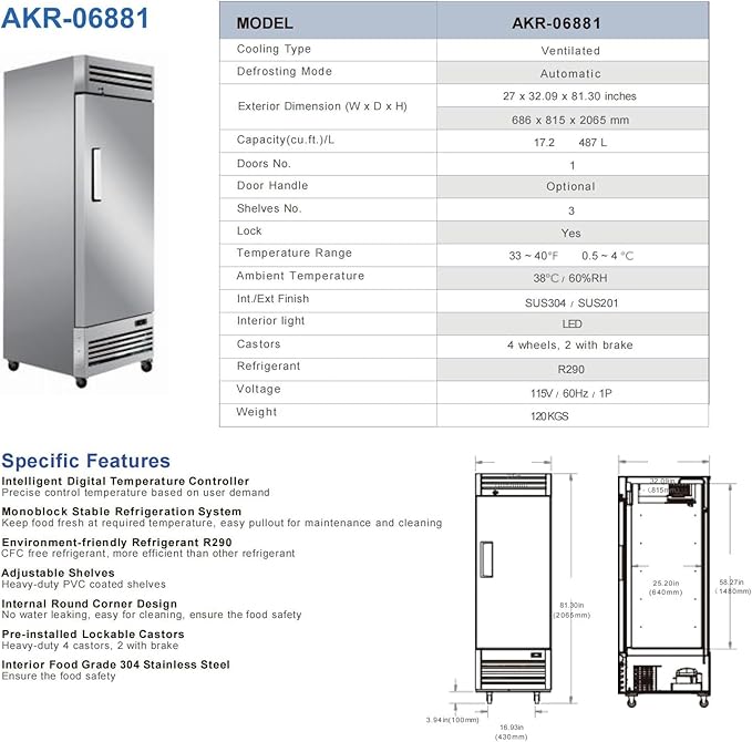 Commercial Refrigerator 1-Door Solid Upright Reach in Stainless Steel NSF 27" Width, Capacity 17 Cuft, Bottom Mounted Restaurant Quality Kitchen Cooler Fridge AKR-06881, NSF Certified