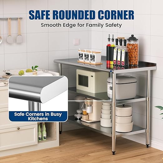 Stainless Steel Work Table 24 x 60 Inch with 2 Adjustable Undershelves, Heavy-Duty Metal Prep Table for Commercial Kitchen & Restaurant, Garage, Outdoor
