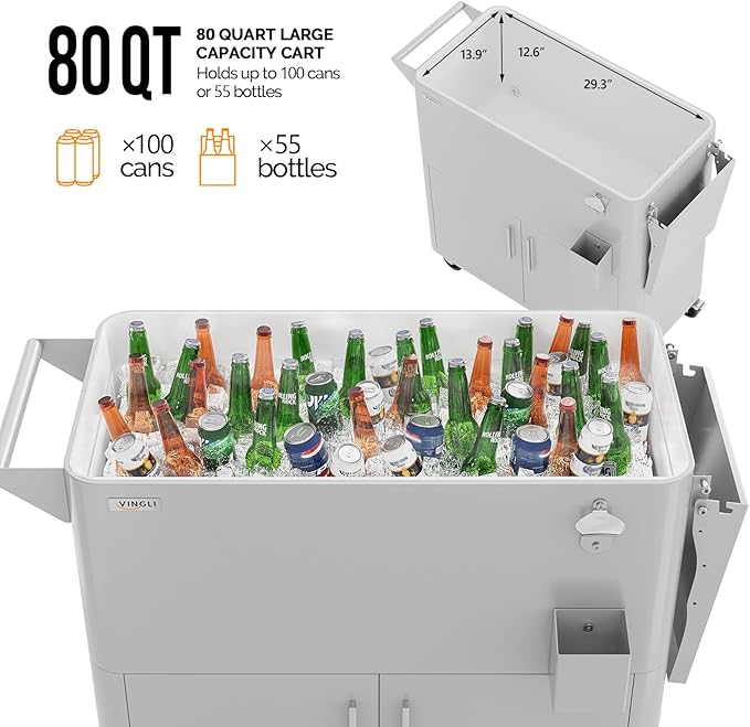 VINGLI Patio Cooler, Ice Chest with Storage Cabinet, Bottle Opener Drainage, Outdoor Cooler for Party, Deck, Pool