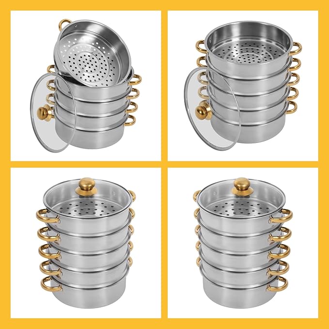 Steamer 30*47cm/11.81*18.5in, 5-tier Stainless Steel Steam Cooker w/ Clear Lid & Gold Anti-scald Handles, Home Stackable Multipurpose Steam Pot for All Hobs (1x1.32Gal Bottom Pan, 4xSteamer Baskets)