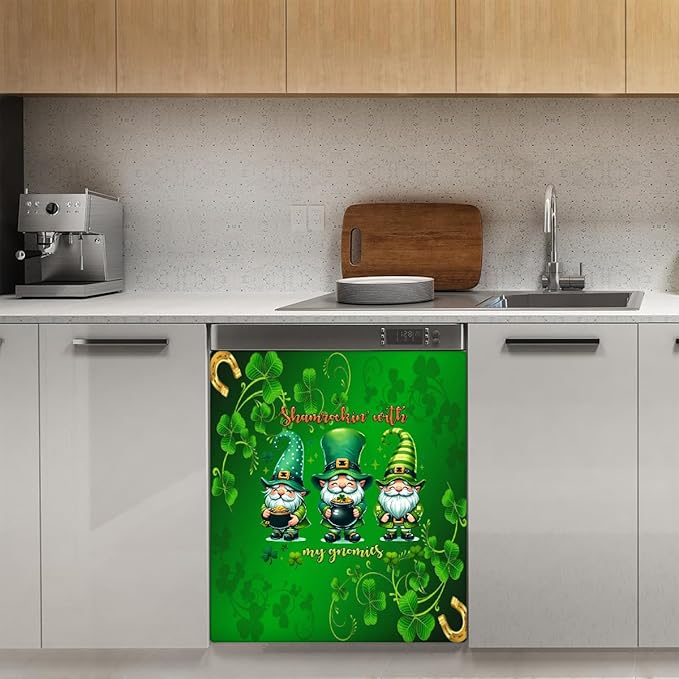 St Patrick Green Gnome Dishwasher Magnet Cover Magnetic Dishwasher Decorative Cover Front Dishwasher Door Covers Reuseable Dishwasher Covers Decal for Kitchen Home Decorative