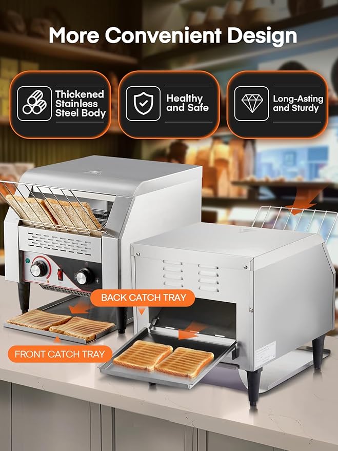 Commercial Conveyor Toaster, 350 Slices/Hour Electric Stainless Heavy Duty Restaurant Toaster, with Dual Heating Tube, 7 Browning Levels, for Bagel, Restaurant, Bakery Cafe, Silver