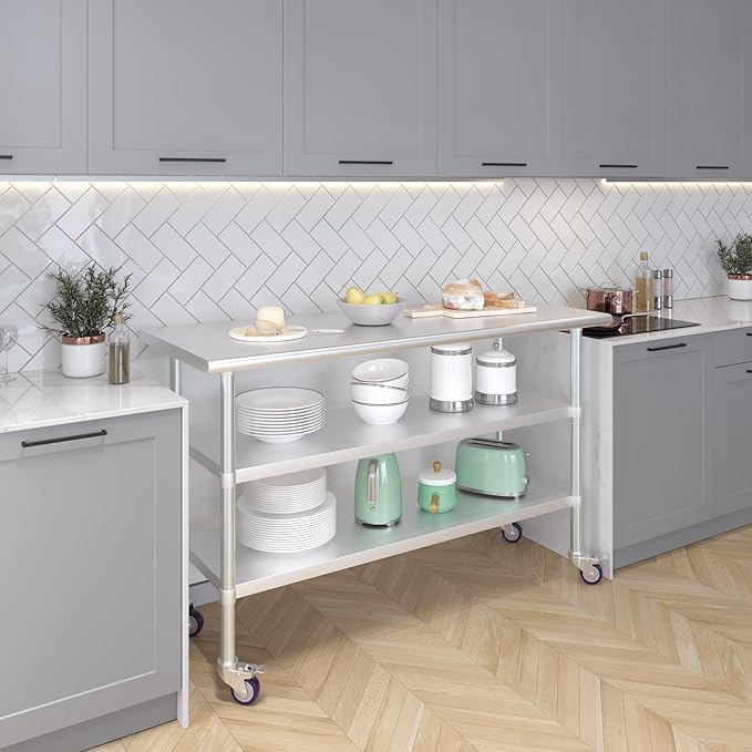 AmGood Stainless Steel Work Table with 2 Shelves and Casters | Metal Utility Table On Wheels (Stainless Steel Work Table with 2 Shelves + Casters, 60" Long x 24" Deep)