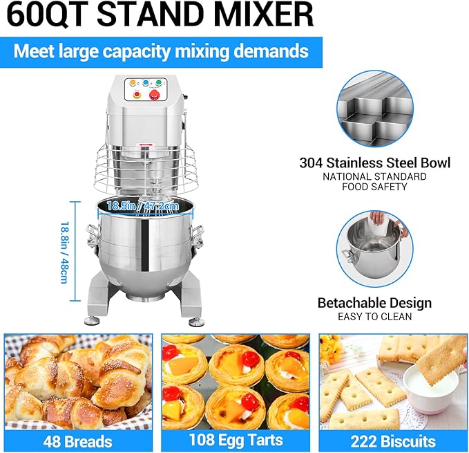 60Qt Commercial Food Mixer, 3500W Heavy Duty Dough Mixer 3-Speeds Adjustable,Electric Commercial Stand Mixer with Stainless Steel Bowl for Kitchenaid Bakery and Pizzeria,220V