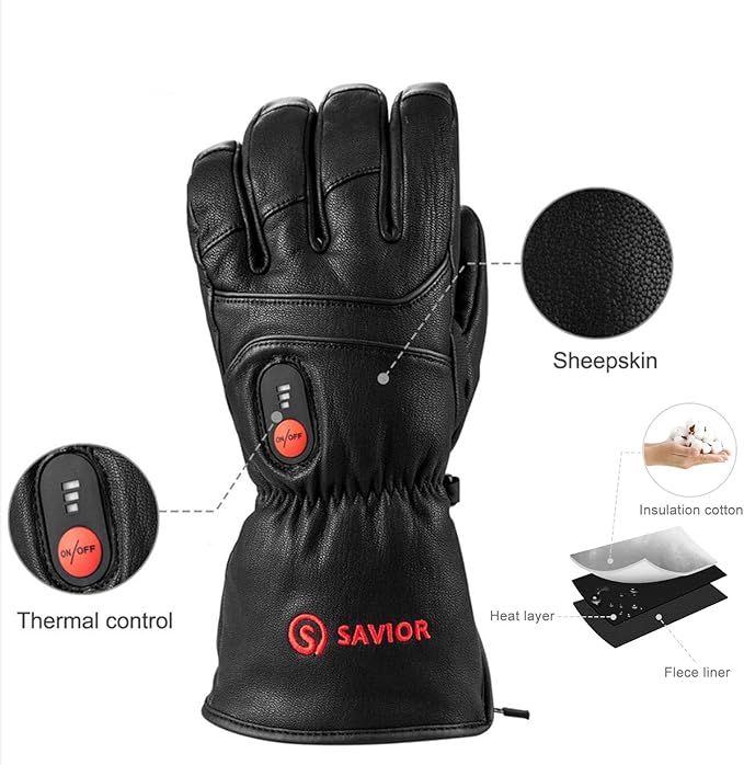 SAVIOR HEAT Heated Gloves for Men Women, Rechargeable Electric Heated Leather Skiing and Snowboarding Gloves