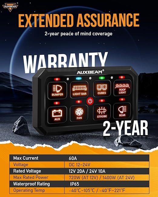 Auxbeam 8 Gang Switch Panel RA80 XL RGB Momentary Pulsed Toggle Switch Panel, Dimmable Backlight Multifunction Switch Panel with Memory Function for 12-24V Truck Offroad Car Marine, 2 Years Warranty