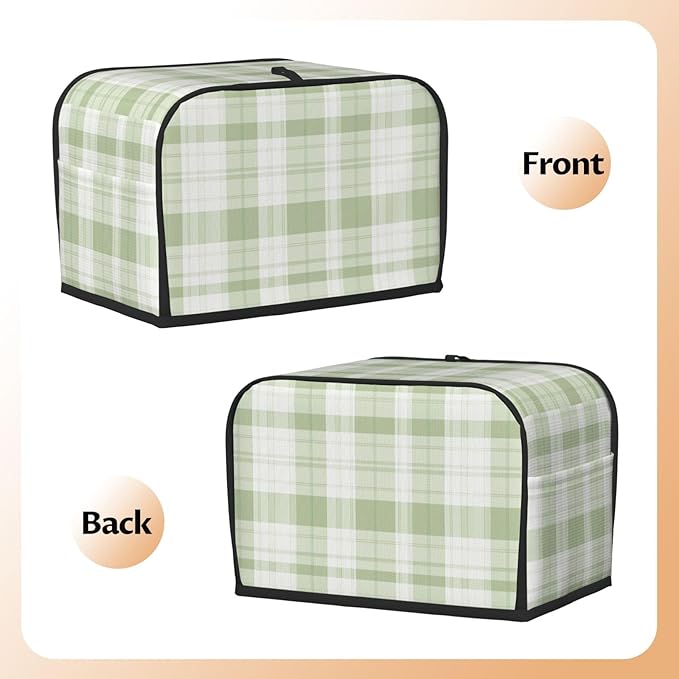 2 Slice Toaster Cover for Kitchen Pastel Green Buffalo Plaid Waterproof and Dustproof Toaster Dust Cover with Side Pockets Decorative Universal Cover for Wide Slot Toasters and Small Appliances