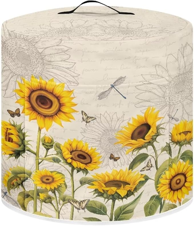 Air Fryer Pressure Cooker Dust Cover, for 6 Qt Kitchen Appliance Cover, with Top Handle and Accessories Pockets for Home Decoration, Sunflower Dragonfly Retro