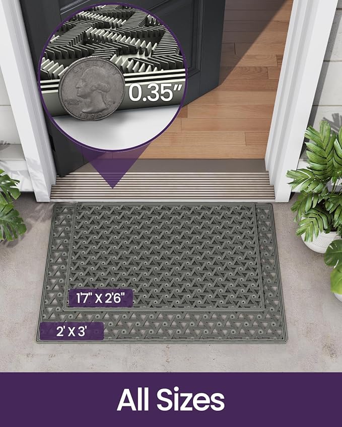 DEXI Front Door Mat Outside Entrance Rubber 19x30, Welcome Floor Doormat Heavy Duty Non Slip, Dirt Trapper Waterproof Exterior Entry Mats All Weather for Patio Entryway Drainage, Grey