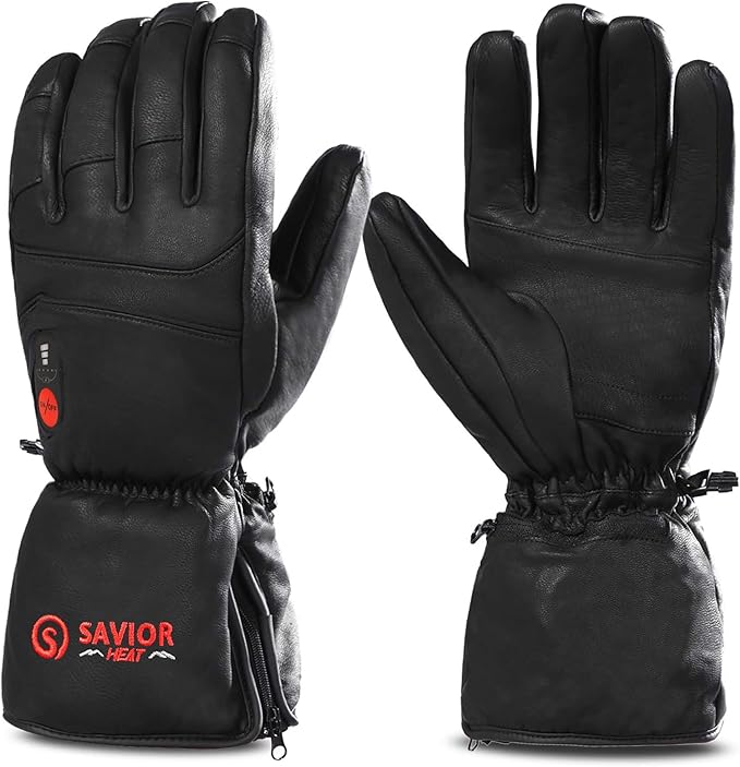 SAVIOR HEAT Heated Gloves for Men Women, Rechargeable Electric Heated Leather Skiing and Snowboarding Gloves