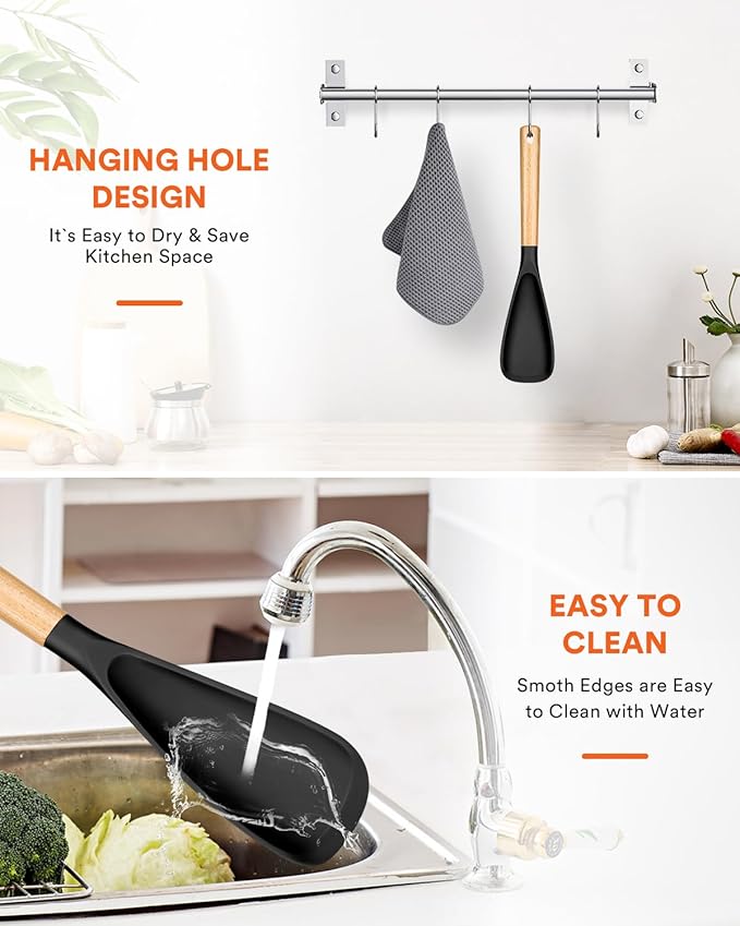 Cooking Spoon for Nonstick Cookwares, Great for Cooking and Serving Sturdy BPA-Free Matte Silicone, Wood Handle Spoon for Mixing, Scoop, and Scrape (BLACK, 13.4 inch)