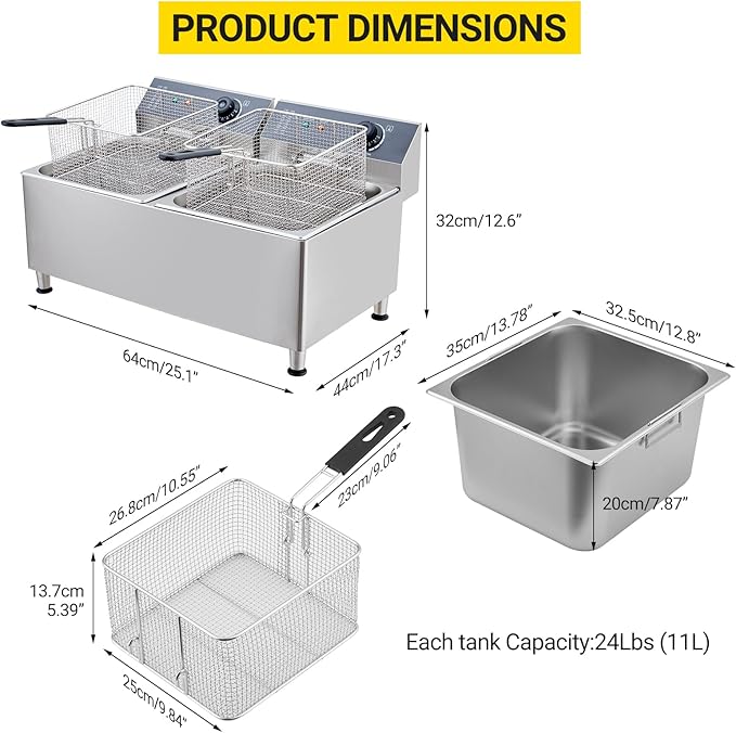 11L Electric Deep Fryer, 1700W Dual Basket Max/Min Oil Mark & Drain Valve, Heavy Duty for Fried Chicken French Fries