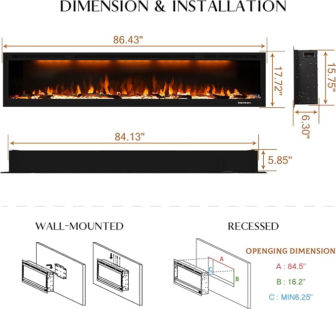 86 inch Electric Fireplace, Smart Fireplace Insert recessed in Wall and Wall Mounted fire Place Heater with Metal Frame, Multicolor Flame & Realistic logs，Thermostat& Timer, 1500W, Black