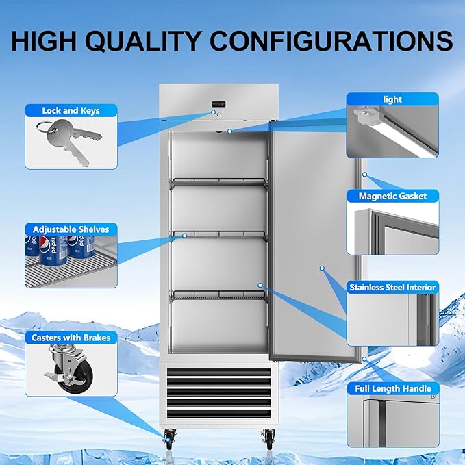 27" W Commercial Refrigerator, 21 Cu.ft Stainless Steel Reach-in Upright Refrigerator with Single Solid Door and 3 Adjustable Shelves for Restaurant, Commercial Kitchen, ETL Approved