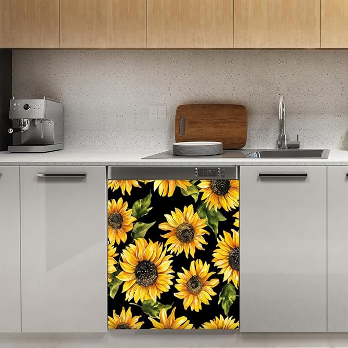 Watercolor Sunflower Dishwasher Magnet Cover for Door Front, Dishwasher Panel Decal Vintage Reuseable Refrigerator Magnet Cover Decal Fridge Stickers Home Decor, 23 x 26 Inch
