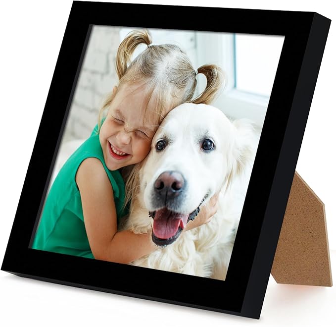Americanflat 5x5 Picture Frame with Shatter-Resistant Glass - Streamline Collection - Thin Border Square Frame for Tabletop and Wall Display - Hanging Hardware and Easel Stand Included - Black