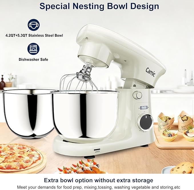 Camic Stand Mixer, 4.2QT+5.3QT Two bowls Electric Food Mixer, 10 Speeds with Digital setting 3-IN-1 Kitchen Mixer for Baking Cakes Cookie Bread Salad with Egg Whisk,Dough Hook,Flat Beater(White)