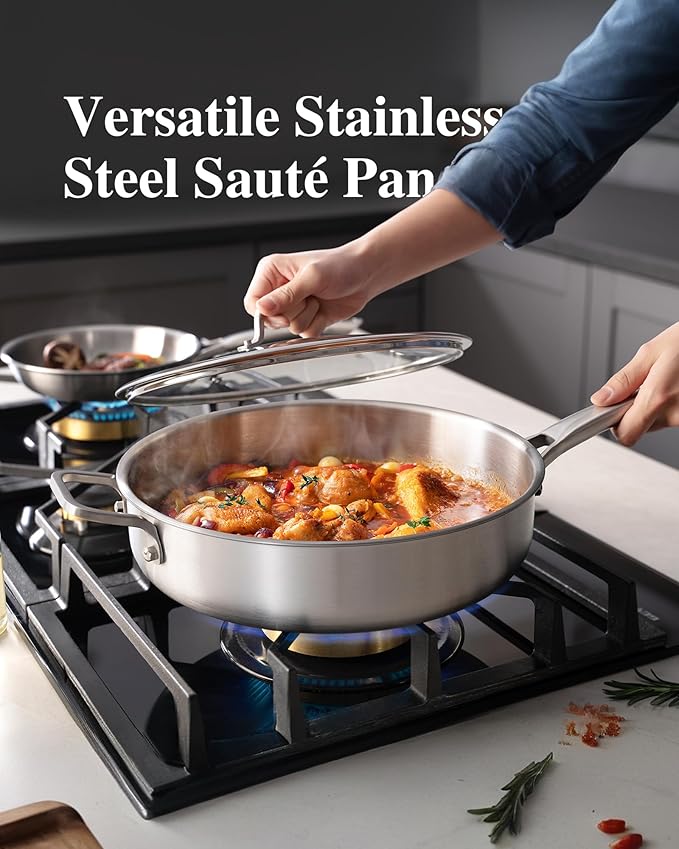 6-Quart Stainless Steel Saute Pan with Lid, 12-Inch Skillet, Dishwasher & Oven Safe, Works on All Cooktops