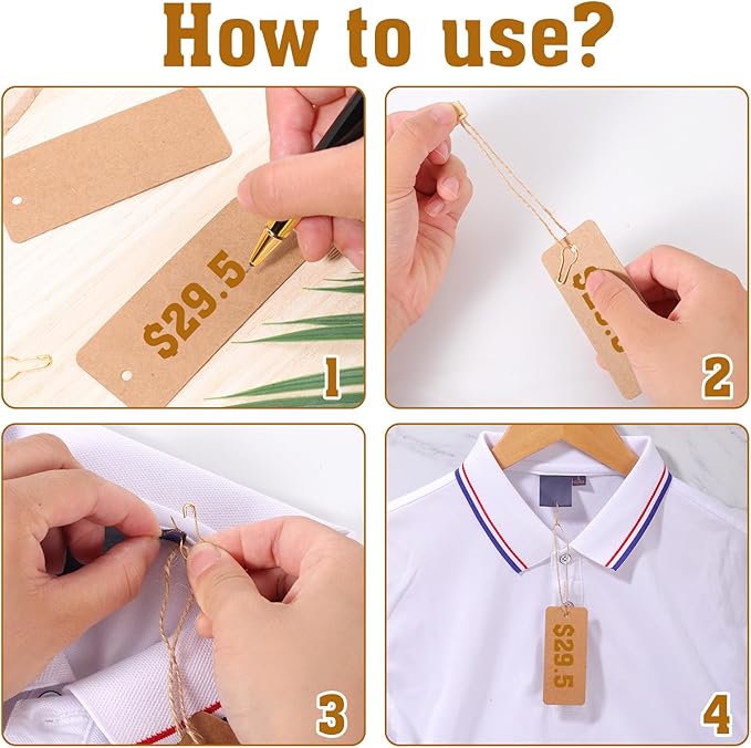 300 Set Price Tags with String Gift Tags with Safety Pins Custom Clothing Tag Brown Paper Hang Tag for Clothes Crafts Display(Brown)