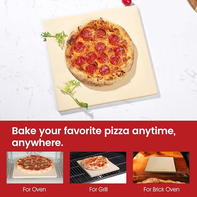 12x12x0.6 Inch Cordierite Pizza Stone, Oven & Grill Safe, Food-Grade Baking Stone for Crispy Crust Pizza, Bread, Pie & Cookies