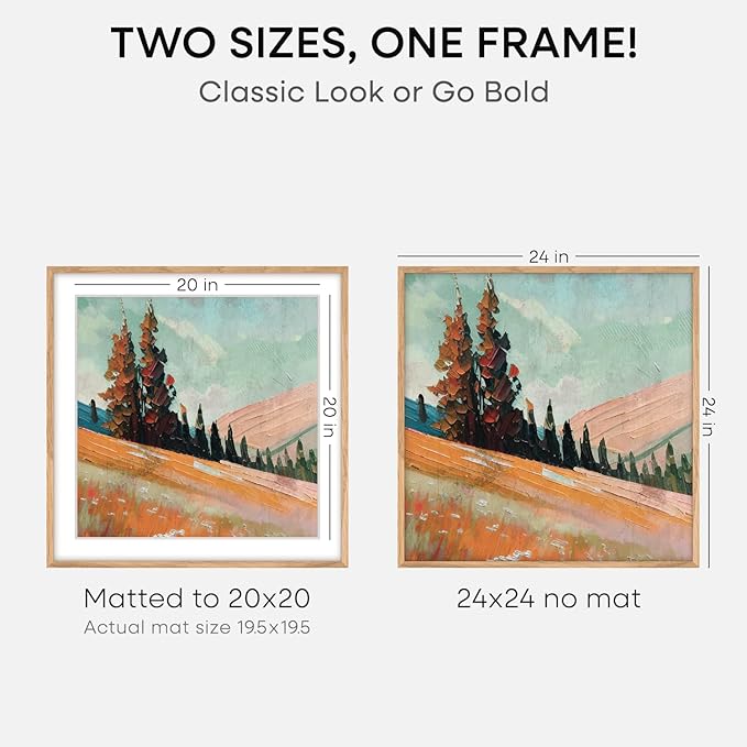 Homeforia 24x24 Wood Picture Frame, High End Natural Oak 24 x 24 Square Light Wooden Poster Frame with Mat 20 by 20 Photo, 24by24 Large Frames Matted to 20x20 Print, Tempered Glass, Wall Kit, Set of 3