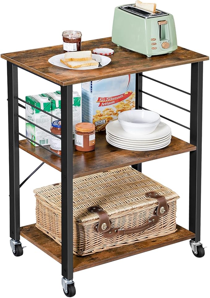 VASAGLE Kitchen Shelf on Wheels, 23.6 Inches Serving Cart with 3 Shelves, Kitchen Cart, Microwave Shelf, for Mini Oven, Toaster, with 6 Hooks, Industrial Style, Rustic Brown and Ink Black UKKS60XV1