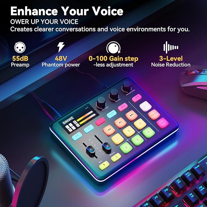 SINWE G1 Gaming Audio Mixer, RGB Audio Interface with Pro-preamp,Bluetooth, Streaming PC Mixer with XLR/48V Phantom Power for Live Streaming, Podcasting, Content Create, Gaming(Black)